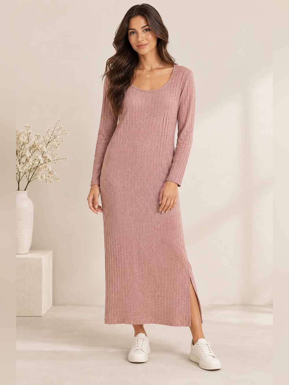 Dusty Rose Ribbed Long Sleeve Maxi Dress Size XL